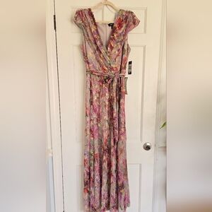 Metallic Pleated Floral Maxi Dress – Gold Foil Pink Wrap Style, Belted, Size 14